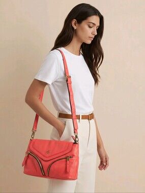 Orange Leather Shoulder Bag with Antique Gold Chain Strap And Crossbody